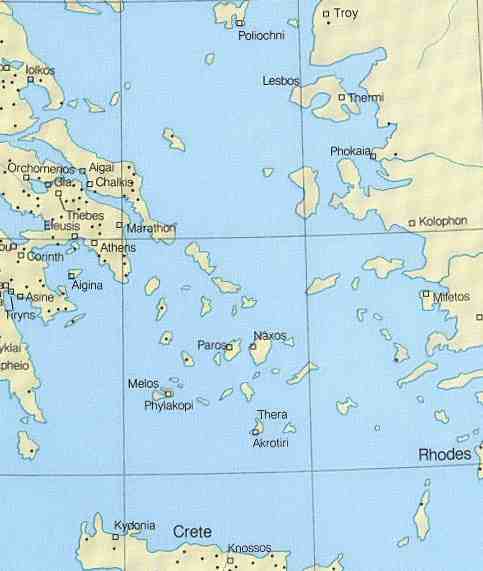 Map of  Greece with Paros near the centre.